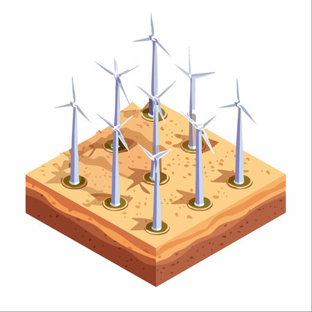 An isometric illustration showcasing a modern wind farm, a symbol of sustainable power generation.のイラスト素材