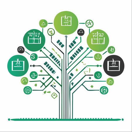 An abstract illustration symbolizing the fusion of nature and technology. A tree with a trunk and branches made of circuit board traces grows, bearing circular icons as its fruit.のイラスト素材