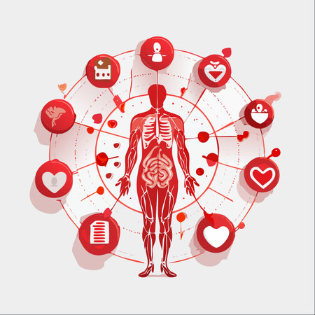 A conceptual illustration of human anatomy at the center of a network of health and medical icons.のイラスト素材
