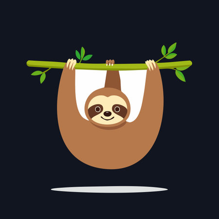 A cheerful and adorable cartoon sloth hangs contentedly from a leafy green branch.のイラスト素材