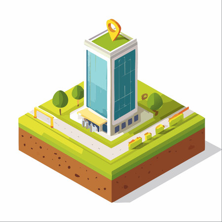 An isometric illustration of a modern corporate headquarters, marked with a prominent location pin on its green roof.のイラスト素材