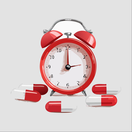 A bright red alarm clock stands as a crucial reminder for a daily medication regimen.のイラスト素材