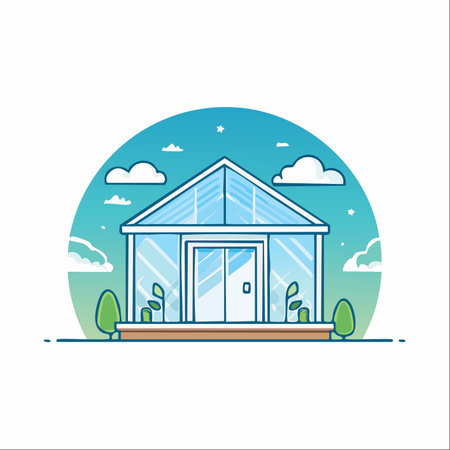 A clean and modern vector illustration of a greenhouse, set against a bright blue sky with fluffy clouds.のイラスト素材