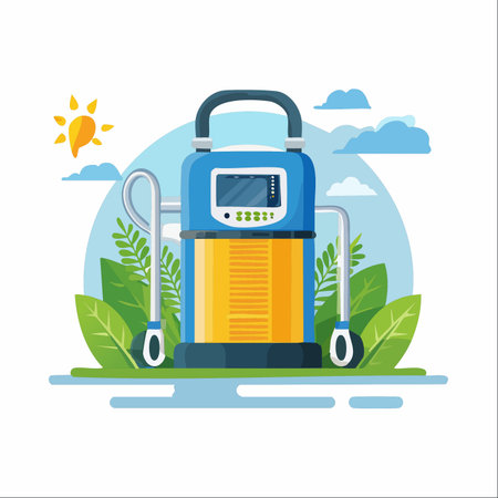 A modern portable power generator stands ready outdoors, surrounded by lush greenery under a bright sun.のイラスト素材