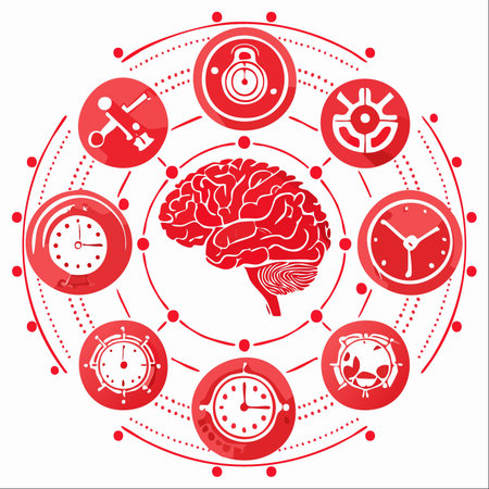 A conceptual illustration of a central human brain connected to a network of time-related icons, including various clocks and a stopwatch.のイラスト素材