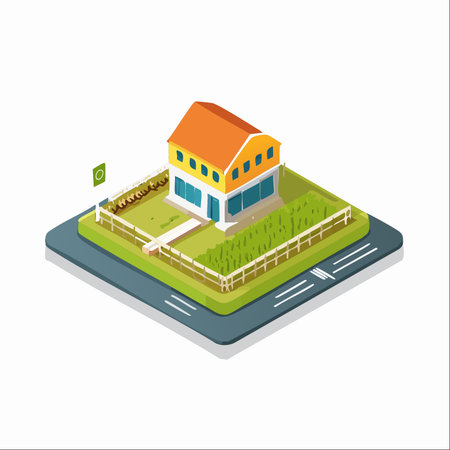 A clean, modern isometric illustration of a family home situated on a neat plot of land.のイラスト素材