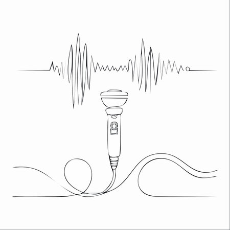 A simple, elegant line art illustration captures the essence of sound. A classic microphone stands ready to capture a voice or melody, visually represented by the dynamic audio waveform above.のイラスト素材