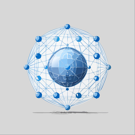 A stylized blue globe is encased within a complex, interconnected network of nodes.のイラスト素材