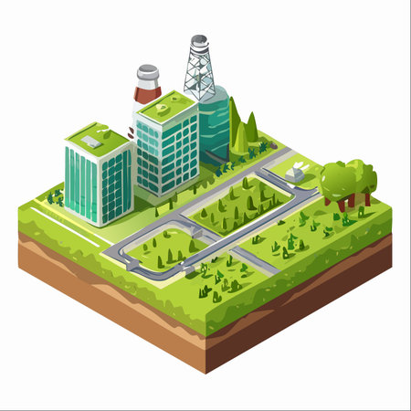 An isometric illustration depicting a model for a future city where industry and nature coexist in harmony.のイラスト素材