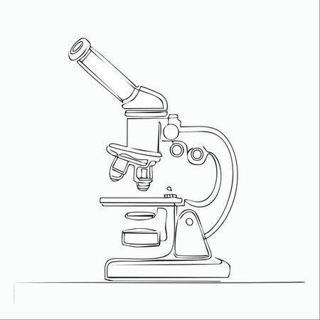 A single, unbroken line forms the elegant silhouette of a laboratory microscope.のイラスト素材