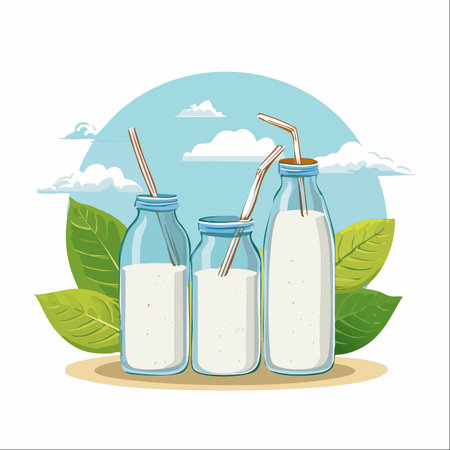 Three glass bottles of fresh, creamy milk stand ready for a refreshing break.のイラスト素材