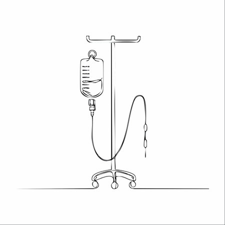 A single, unbroken line forms the image of a medical IV drip, symbolizing the continuous flow of healing and care.のイラスト素材