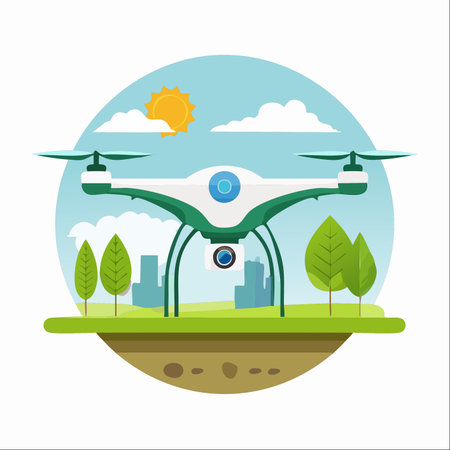 A modern quadcopter drone hovers in a sunny park, its camera ready to capture stunning aerial views of the city skyline in the background.のイラスト素材
