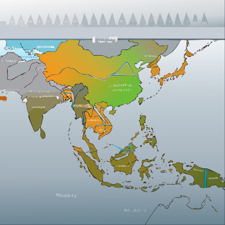 An artistic and contemporary rendering of the Asian continent, focusing on the dynamic regions of East and Southeast Asia.のイラスト素材