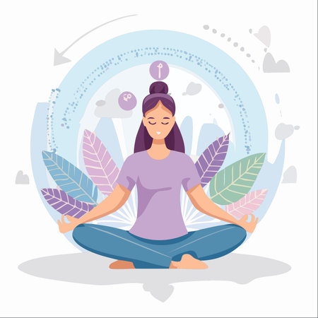 A serene woman sits in the lotus position, deeply immersed in meditation. Surrounded by abstract nature elements and symbols of spiritual cycles, she finds inner peace, balance, and harmony.のイラスト素材
