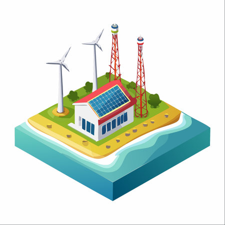 An isometric depiction of a self-sufficient coastal outpost, harnessing the power of nature.のイラスト素材