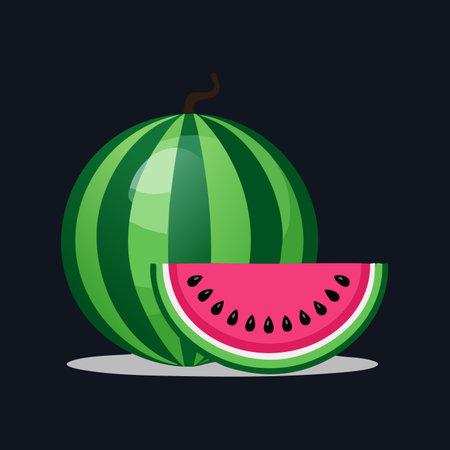 A vibrant vector illustration captures the essence of summer refreshment. A whole, ripe watermelon sits next to a perfectly cut, juicy slice, showcasing its bright pink flesh and black seeds.のイラスト素材
