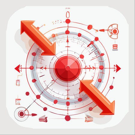 A dynamic infographic illustrating strategic convergence. Bold arrows point inward on a complex circular diagram, symbolizing data analysis, process optimization, and focusing on a central goal.のイラスト素材