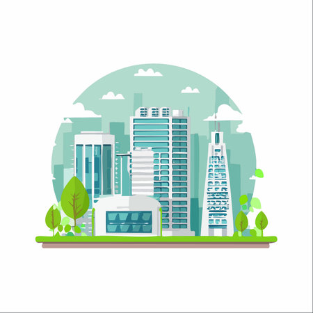 A vision of a future metropolis where modern architecture and nature coexist in perfect harmony.のイラスト素材