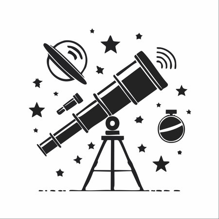 A classic telescope points towards a starry night sky, surrounded by celestial bodies like a ringed planet.のイラスト素材