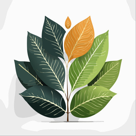 A modern and elegant illustration of a stylized plant, where lush green leaves are complemented by a single, vibrant orange leaf.のイラスト素材