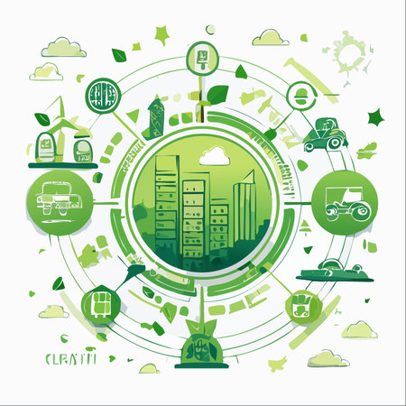 An illustration showcasing the interconnected systems of a modern, sustainable city.のイラスト素材