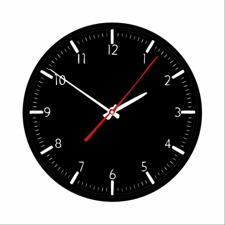 A clean and modern vector illustration of a classic round wall clock. Its minimalist black face with...