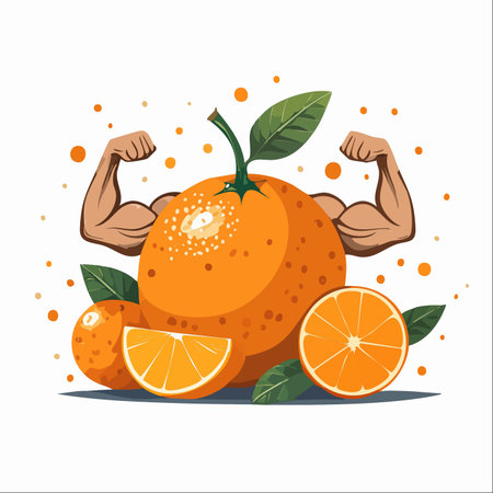 A vibrant cartoon orange character proudly flexes its powerful biceps, symbolizing the strength and vitality gained from a diet rich in Vitamin C.のイラスト素材