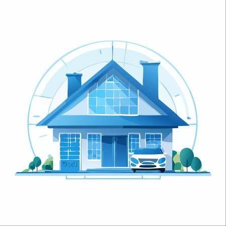 A modern family home with a car in the driveway, rendered in a clean, blue-toned illustrative style.のイラスト素材