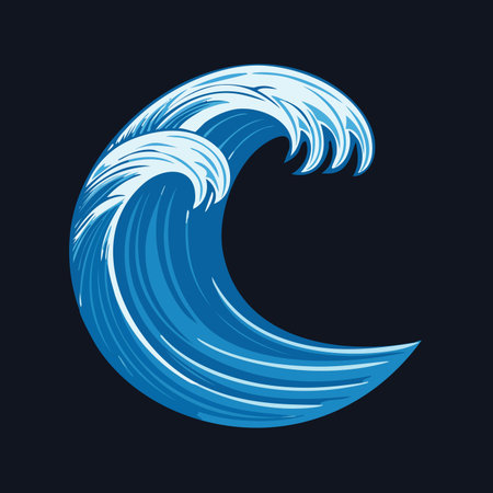 A powerful ocean wave curls into a perfect crest, captured in a dynamic and stylized vector...