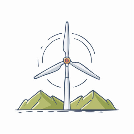 A simple yet powerful illustration of a wind turbine standing tall against a mountain backdrop.のイラスト素材