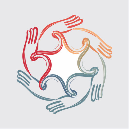 Six colorful, stylized hands link together in a continuous, flowing circle.のイラスト素材