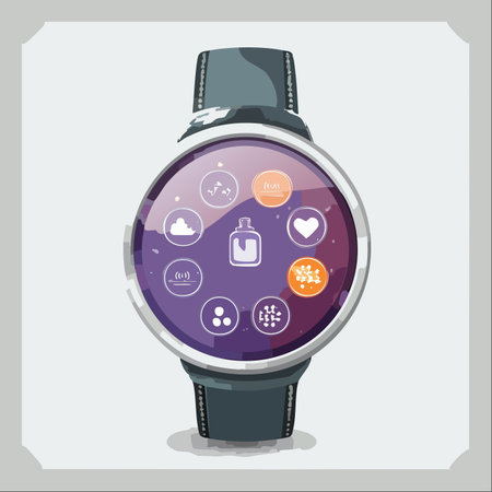A close-up view of a modern smartwatch, showcasing a vibrant user interface with various health and lifestyle app icons.のイラスト素材
