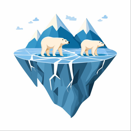 A poignant vector illustration depicting two polar bears on a cracked, melting iceberg, symbolizing the urgent crisis of climate change and global warming.のイラスト素材