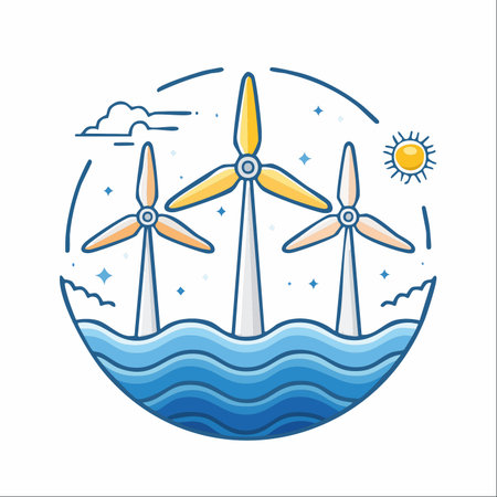 An illustration of an offshore wind farm, where powerful turbines harness the ocean breeze under a sunny sky.のイラスト素材