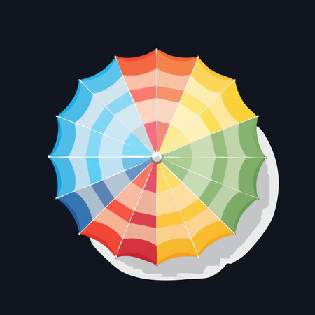 A colorful, rainbow-striped beach umbrella seen from a bird's-eye view, isolated on a clean white background.のイラスト素材
