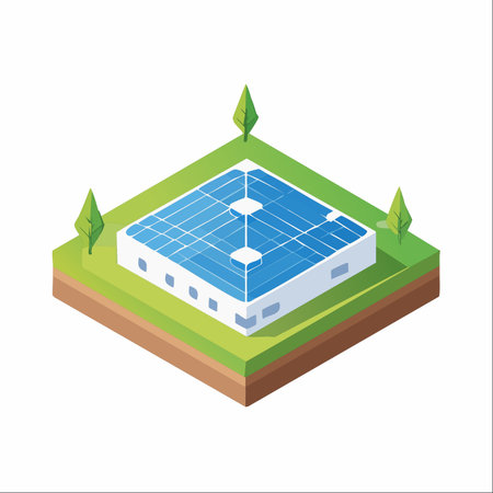 An isometric illustration showcasing a modern, eco-friendly building powered by rooftop solar...