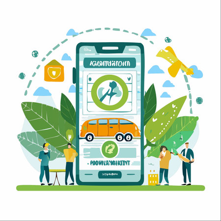 A team of innovators presents a new mobile application for sustainable travel.のイラスト素材