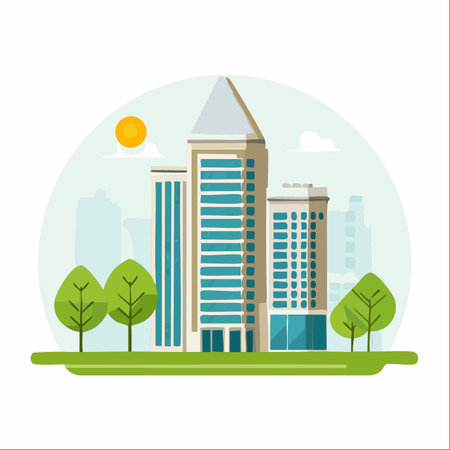 A bright, sunny day illuminates a modern business district where sleek skyscrapers coexist with lush green spaces.のイラスト素材