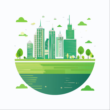 An illustration depicting a vision for a sustainable future, where modern skyscrapers coexist harmoniously with lush green trees and clean air.のイラスト素材