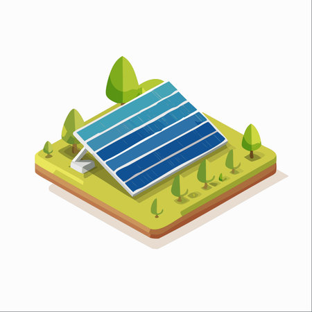 A modern solar panel installation on a lush green plot of land.のイラスト素材