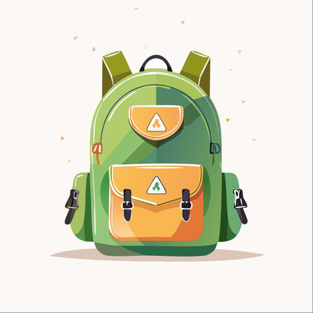 A vibrant green and orange backpack stands ready for the next journey.のイラスト素材