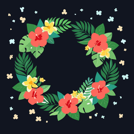 A vibrant wreath of tropical hibiscus, frangipani, and lush palm leaves creates a cheerful and inviting frame.のイラスト素材
