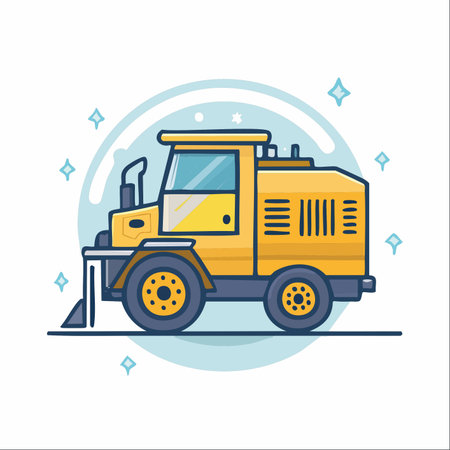 A cheerful yellow street sweeper truck works its magic, leaving a trail of sparkles in its wake.のイラスト素材