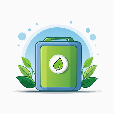An illustration of a green canister symbolizing modern, sustainable energy. Surrounded by fresh leaves, it represents the promise of biofuel and renewable resources for a cleaner planet.のイラスト素材