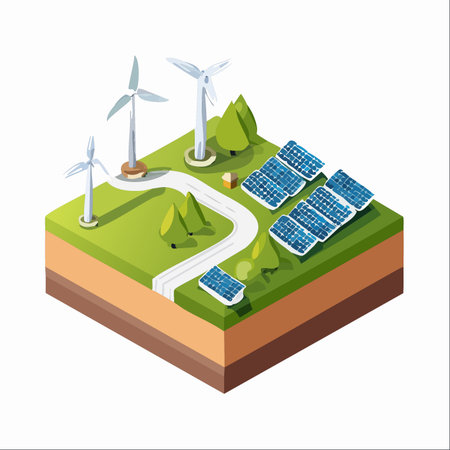 An isometric view of a self-sufficient community powered by clean, renewable energy.のイラスト素材