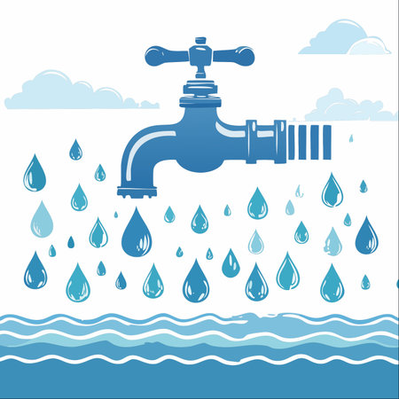 A conceptual illustration of a large blue faucet dripping fresh, clean water into waves below.のイラスト素材