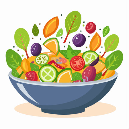 A vibrant explosion of fresh ingredients comes together in a stylish bowl.のイラスト素材