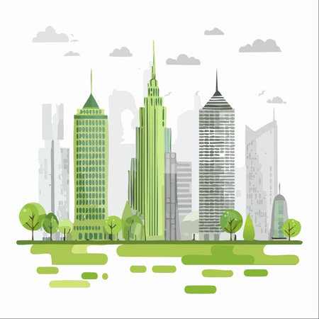 An illustration of a modern metropolis where sustainable architecture and green spaces coexist in harmony.のイラスト素材