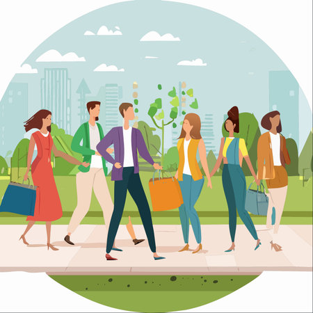 A diverse group of stylish young friends enjoys a beautiful day in the city.のイラスト素材